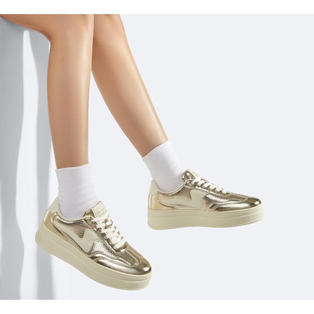 Women Platform Gold White Sneaker Thick Sole Suede Leather Low Top Walking Shoes - Picture 6 of 9
